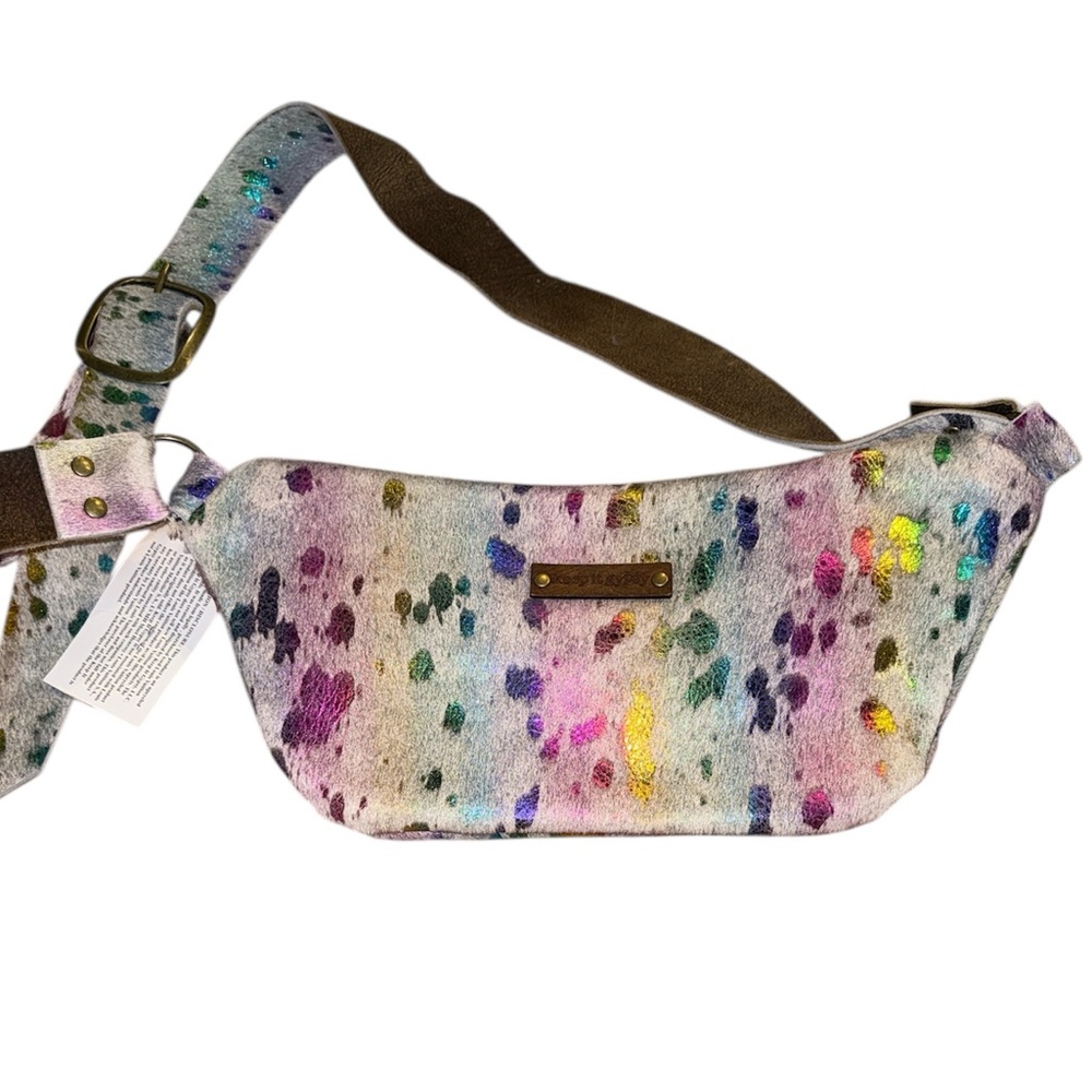 Keep It Gypsy Designer Crossbody Ivory Bumbag Calf Hair Leather Rainbow Foil - Picture 2 of 9